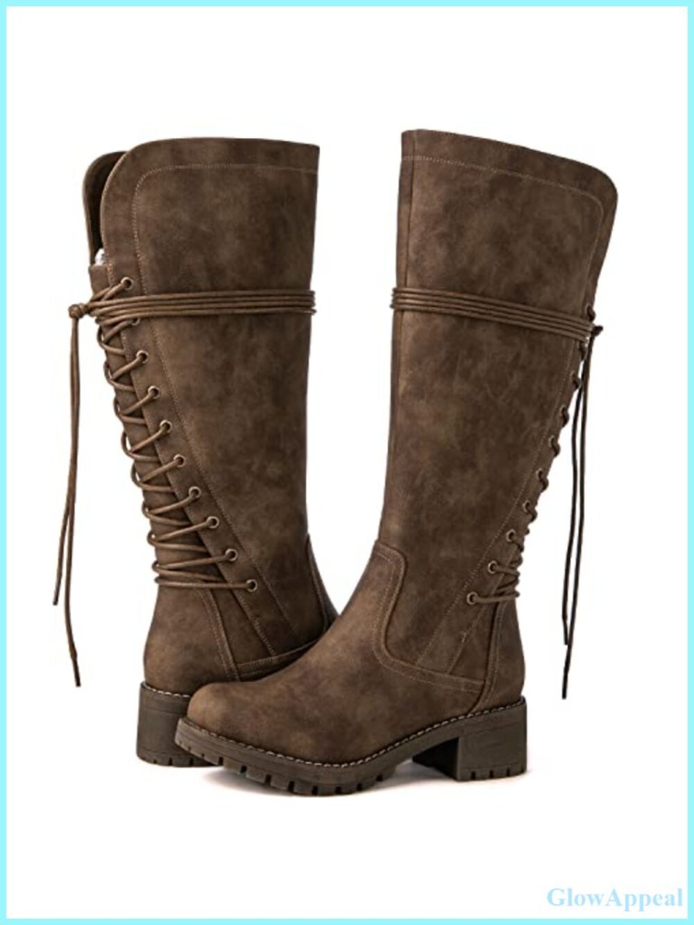 Faux Leather Knee High Boots Back Lace Up Low Block Heel Tall Riding Womens